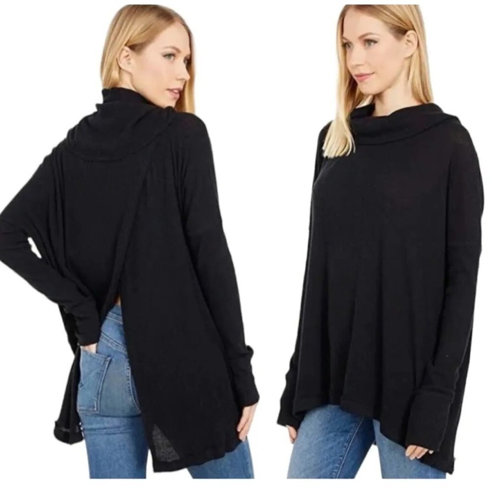Free People Black Juicy Black Ribbed Knit Cowl Neck Tunic Top size XS